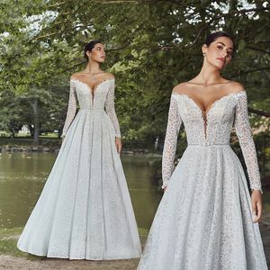 Brautkleid in Übergröße, A-Linie, schulterfrei, lange Ärmel, Applikationen, Perlen, Spitze, Brautkleider, bodenlange Brautkleider