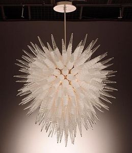 Moderne Kristall-Kronleuchter-Beleuchtung, Spiralform, 96,5 cm Höhe, LED-Leuchtmittel, mundgeblasenes Glas, Kronleuchter, Pendelleuchten, weiß und transparent