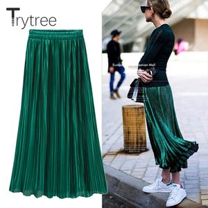 Trytree Spring Summer Pleated Skirt Womens Vintage High Waist Skirt Solid Long Skirts New Fashion Metallic Female