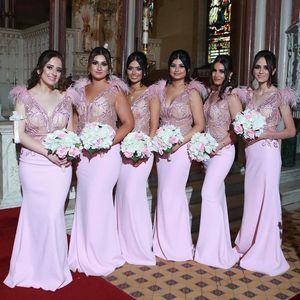 Moda Tüy Denizkızı Nedime Elbiseler V Boyun Boncuklu Trompet Düğün Ziyaretçi Elbise Kat Uzunluk Saten Aplike Honories Hizmetçi