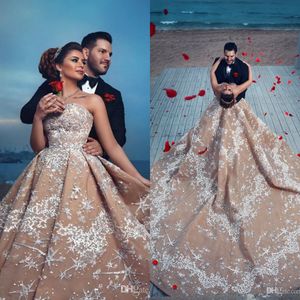 Romantic Champagne Dresses Strapless Backless Lace Bridal Gowns With Cathedral Train Dubai Plus Size Country Wedding Dress Custom 0505