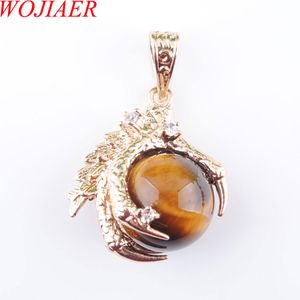 wojiaer natural gemstonesゴールドカラードラゴンクローペンダントネックレスラウンドタイガースアイビーズジュエリーBN308