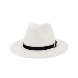 Cappello Panama Fedora da donna a tesa larga in feltro di lana con fibbia per cintura Cappello trilby jazz da festa formale in bianco, nero, giallo