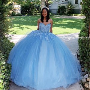 Sky Mavi Dantel Quinceanera Elbise Sevgilim 3d Çiçek Tatlı 16 Elbise Balo Akşam Partisi Gowns Özel Yapım