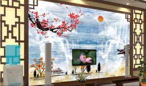 流れる水大理石の梅の花のインク写真の壁紙のための壁3 dリビングルームの寝室の屋根のバーカフェの壁の壁画ロールPapel de Parede