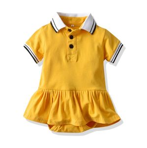 Summer infantil meninas princesa romper moda crianças lapela stripe manga curta ruffle tutu macacão bonito amarelo bebê algodão onesie y2327