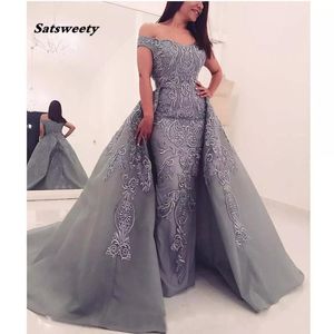 Vestidos de noite de bordado cinza modestos com trem destacável em linha reta longa abiye vestidos de noite roupão de soiree