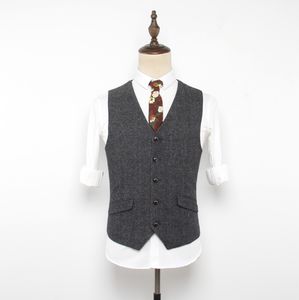 2019 Senaste Grå Bröllop Groom Västar Ull Herringbonetweed Västar Groomsmen Vest Mens Suit Vest Prom Blazers Waistcoat