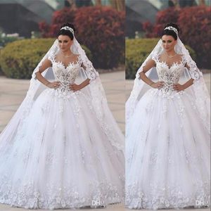 New Cheap A Line Wedding Dresses Sweetheart Cap Sleeves Lace Appliques Flowers Court Train Ball Gown Puffy Tulle Arabic Formal Bridal Gowns