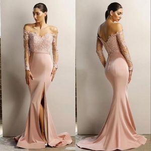 Newest Sexy Sparkly Dusty Pink Prom Dresses Mermaid Off the Shoulder Long Sleeves High Split Cheap Bridesmaid Pageant Celebrity Dress BD9017