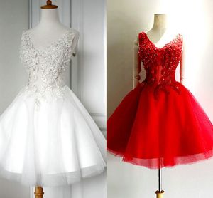 3d blommor pärlstav lace kort homecoming prom klänningar v-nacke öppen tillbaka a-line cocktail party dress examen klänning för tjejer kvällsklänningar