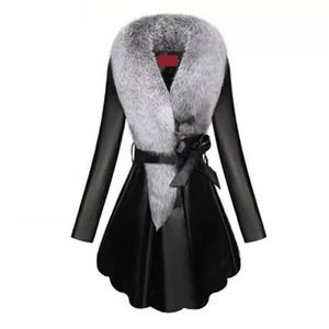 女性の暖かい革のジャケットプラスサイズの新しい冬のコートの模造毛皮の襟の革ダウンコットンコートPUジャケットアウターウェアAS937