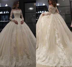 Vintage Dubai Arabiska Lace Ball Gown Bröllopsklänningar 2021 Glitter Sequins Appliqued Formal Church Bridal Gowns Bateau Sweep Train Vestidos de Novia Plus Storlek Al3685