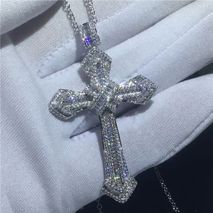 Vecalon Handgjorda Big Cross Pendant Sterling Sier 5A CZ Bröllopsengagemang Hängen med halsband för kvinnliga män smycken