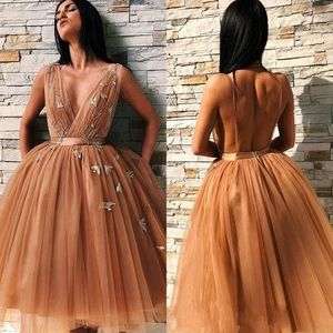 Newest A Line Champagne Gold Tulle Homecoming Dresses A Line V Neck Ruffles Short Prom Gowns Sexy Open Back BC0691
