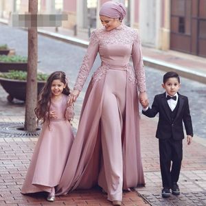 Mörkrosa muslimska kvällsklänningar High Neck Långärmade Jumpsuit Detachable Scarf Islamic Dubai Saudiarabisk Adafton Gown Prom Dress