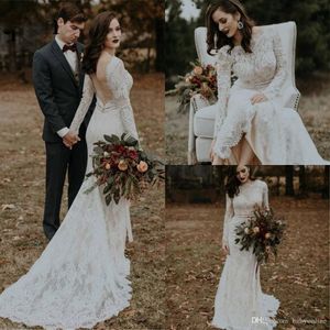Koronkowe tanie bohemijskie sukienki 2019 klejnot szyi długie rękawy Backless Western Boho Garden Beach Suknia ślubna ślubna suknie ślubne