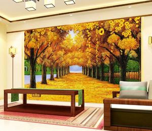 Carta da parati fotografica personalizzata 3D Abstract Fortune Tree Gold Avenue Sfondo murale Pittura murale Soggiorno Divano TV Sfondo