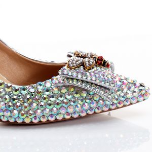 Vacker Bowtie Rhinestone Bröllop Skor Pekade Toes Cinderella Prom Pumps 8cm Högklack Mamma Brudskor Storlek 41