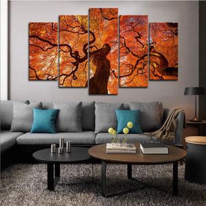 ArtDecorNow Maple Tree Canvas Wall Art Set - 5pc Red Leaves Print, HD Quality, Fashionable Living Room Decor
