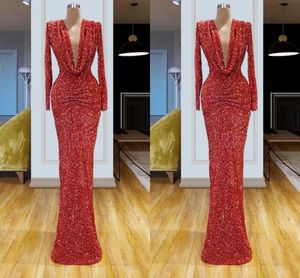 Middle East Plus Size Red Mermaid Prom Dresses Long for Women Sexy Deep V-Neck Sequins Long Sleeves Ruched Kaftan Evening Formal Wear Party Gowns Custom Made