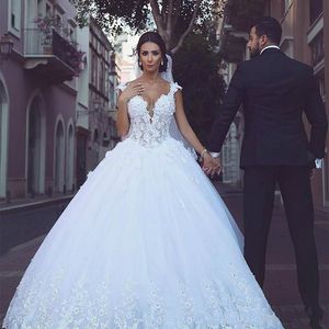 Splendido abito da sposa saudita africano 2020 con scollo a V in pizzo 3D abito da ballo con perline di fiori abito da sposa robes de mari￩e