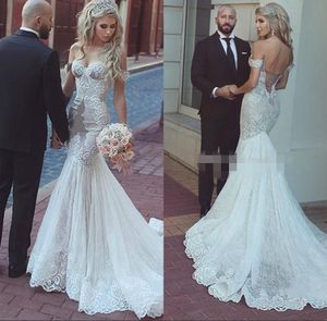 Elegant Off the Shoulder Mermaid Wedding Dresses Lace Applique Sweep Train Sweetheart Neckline Beach Wedding Gown Vestido de novia267K