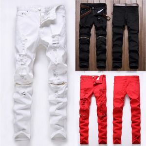 2019 New Fashion High Street Męskie Dżinsy Zipper Kolee Knocked Ragged Hole Hole Male Club Denim Tkaniny Elastyczne Skinny Ripped Spodnie