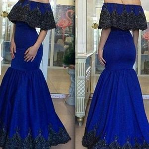 Mermaid Royal Blue Evening Dresses Sexy Off the Shoulder Lace Applique Floor Length Wrap Custom Made Clebrity Prom Party Ball Gown
