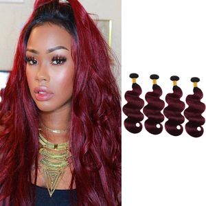 Malaysian 1B 99J Ombre Human Hair Body Wave 1b/99j Two Tones Color 4pcs Double Wefts Hair Extensions Dyed Burgundy