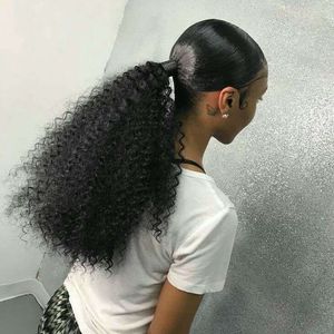 Easy Ponytailヘアスタイルクリップ人間のヘアポニーテール延長1B変態巻き巻き描画ポニーテールアフロパフバージンカーリーポニーテール120g