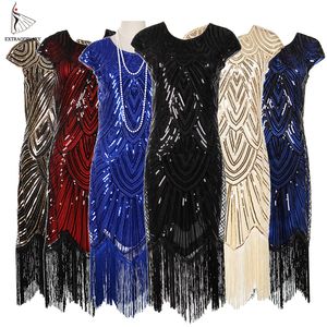 Kvinnor 1920s Vintage Flapper Stor Gatsby Party Dress V-Neck Sleeve Sequin Fringe Midi Klänningar Tillbehör Art Deco Utsmyckad J190505