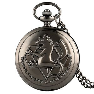 Fashion Black Fullmetal Alchemist Analog Quartz Pocket Watch Cosplay Edward Elric Anime Design Pendant Necklace Chain Ideal Gift for Men Wome