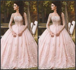 2019 New Pink Long Sleeve Prom Dresses Ball Gown Lace Appliqued Bow Sheer Neck Vintage Sweet Debutantes Quinceanera Dress Evening Gowns WH4