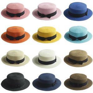 Mode Kids Summer Straw Hat Wide Brim Bowknot Beach Sun Protection Keps Visir för Girls Grass Braid 17Colors