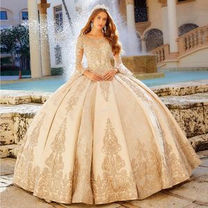 Amazing Beaded Lace Ball Gown Quinceanera Dresses Sheer Bateau Neck Long Sleeves Prom Gowns Sequined Sweep Train Tulle Sweet 15 Dress