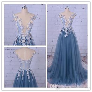 Party Evening Dress for Woman Scoop A-Line Decorated with Flower Tull Blue Prom Dress for Graduation vestido de festa 2019