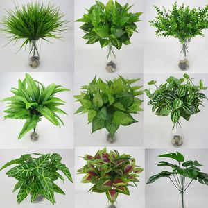 Artificial Flowers with Leaf Green Grass Plastic Plants Fake Leaf Foliage Bush for Home Wedding Decoration Party Supplies