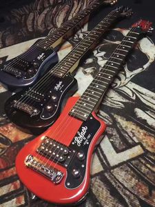 Promozione Black / Red / Metallic Blue Hof Shorty Chitarra da viaggio Protable Mini chitarra elettrica con custodia in cotone, cordiera avvolgente
