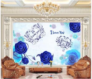 Fondo De Pantalla De Rosas Azules al por mayor-Al por mayor D foto del papel pintado murales de encargo del papel pintado D azul romántica flor color de rosa papeles de la pared de bodas sala de estar sala de TV de fondo