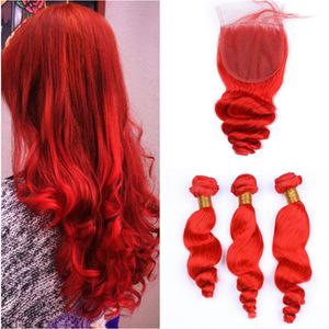 Loose Wave Virgin Brazilian Human Hair Red Colored Weave Bundles 3Pcs with Top Closure Wavy Bright Red Hair Wefts with 4x4 Lace Closure