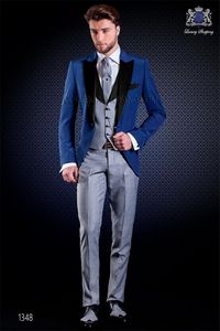 Wysokiej jakości jeden przycisk Blue Groom Tuxedos Peak Lapel Mężczyźni Garnitury Ślub / Prom / Dinner Best Man Blazer (Kurtka + Spodnie + Kamizelka + Krawat) W431