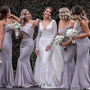 2024 New Arrival Sier Mermaid Bridesmaids Dresses Long Satin Strapless Sleeveless Ruched Backless Floor Length Size Wedding Guest Gowns 403