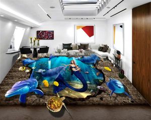 Özel 3d PVC Yer Duvar kağıdı Güzel Sualtı Dünyası Denizkızları ve Yunuslar Salon Yatak Odası 3D Zemin Duvar Kağıdı