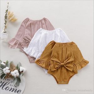 Baby Girl Rompers Одежда для новорожденных Ruffle Bowknot Комбинезоны Toddle Летнего Твердого Onesies Новорожденной Мода Бутики Хлопок Подняться трико C7163