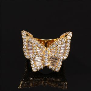 Bling Iced Out Gold Color Butterfly Pierścionki Męskie Hip Hop Biżuteria Cool CZ Stone Men Hiphop Pierścionki Prezent