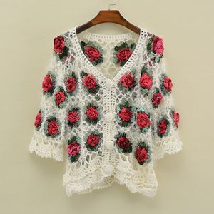 Moda-Jesień Zima Ręcznie Dzianiny Kobiety Sweter Z Długim Rękawem Handmade Crocheted Flower Hollow Out Sertigan Samica Sweter