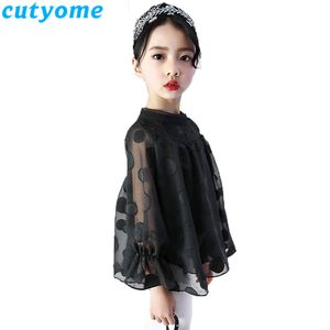 Teenage Girls Chiffon Blouses Shirt Baby Toddler Fashion Långärmad Ruffle Polka Dot Peplum Toppar Vit Barn Blus Barnkläder