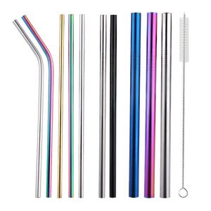 6*215mm 304 Stainless Steel Straw Bent And Straight Reusable Colorful Drinking Straw 8*215mm Metal Bubble Tea Straws