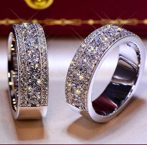 Brillante solido argento sterling 925 anniversario di matrimonio amanti rotondi SONA anello di diamanti fidanzamento BAND gioielleria raffinata uomo donna fan regalo